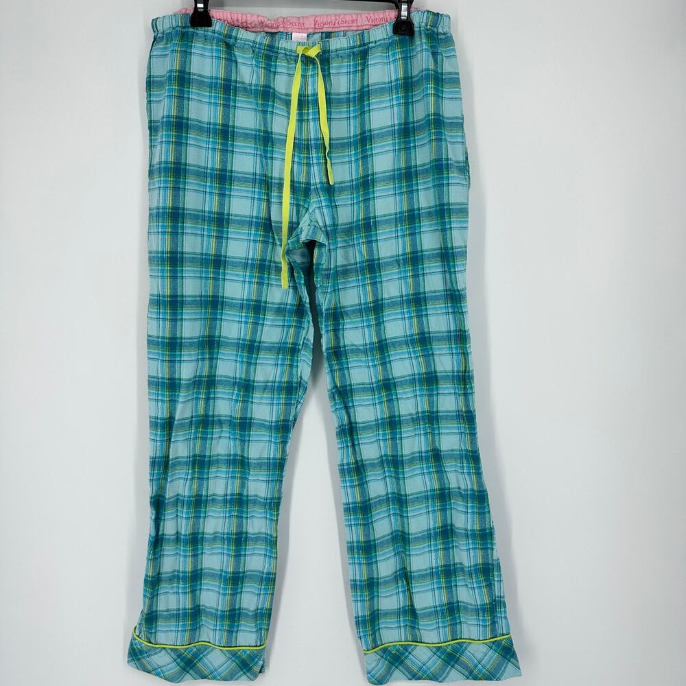 EUC Victoria’s Secret Pajama Pants M Plaid Blue Green Flannel Silver Threading